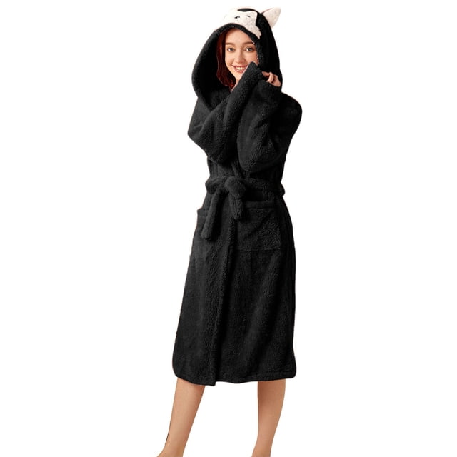 Teissuly Peignoirs pour Femmes Mode Allongée Garde au Chaud Col Châle Même Style Pyjama à Capuche Manches Longues Robe de Nuit Unie