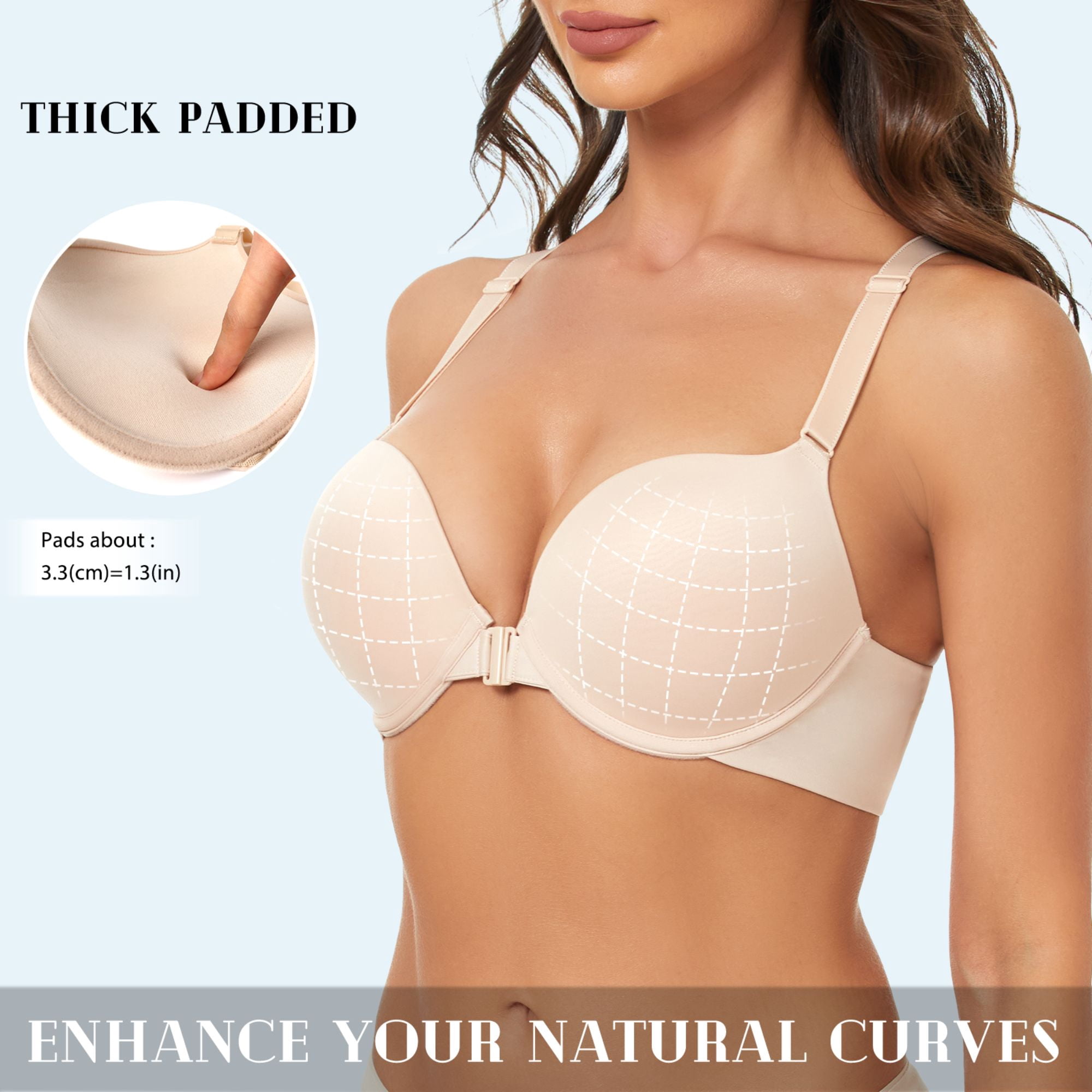 YANDW Women's Push Up Bra Racerback Front Closure Criss-Cross Padded T-Shirt Bras Underwire Plunge Add Cup, Beige 40A