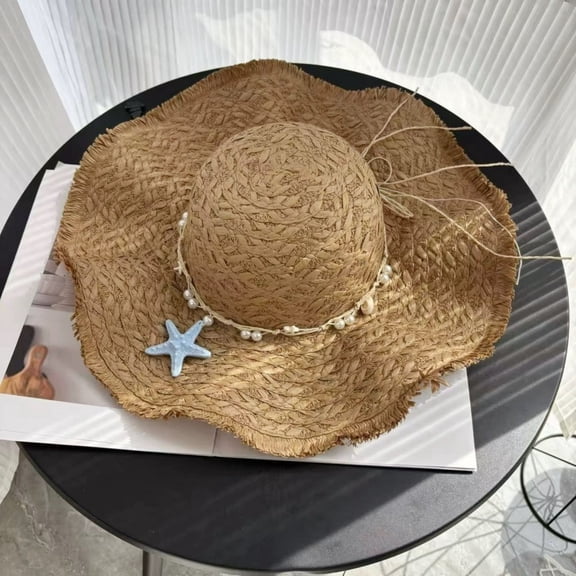 Harpily Womens Sun Protection Hat Bohemian Style Woven Star Embellished Decor Wide Brim Summer Holiday Fishermen Hat