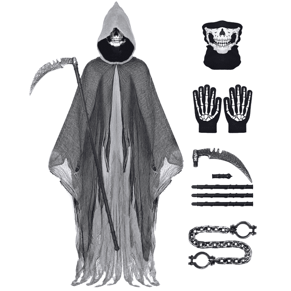 MecTo Halloween Grim Reaper Costume Adults, Scary Hooded Cloak with Skull Mask, Scythe, Gloves, Chain Cuffs