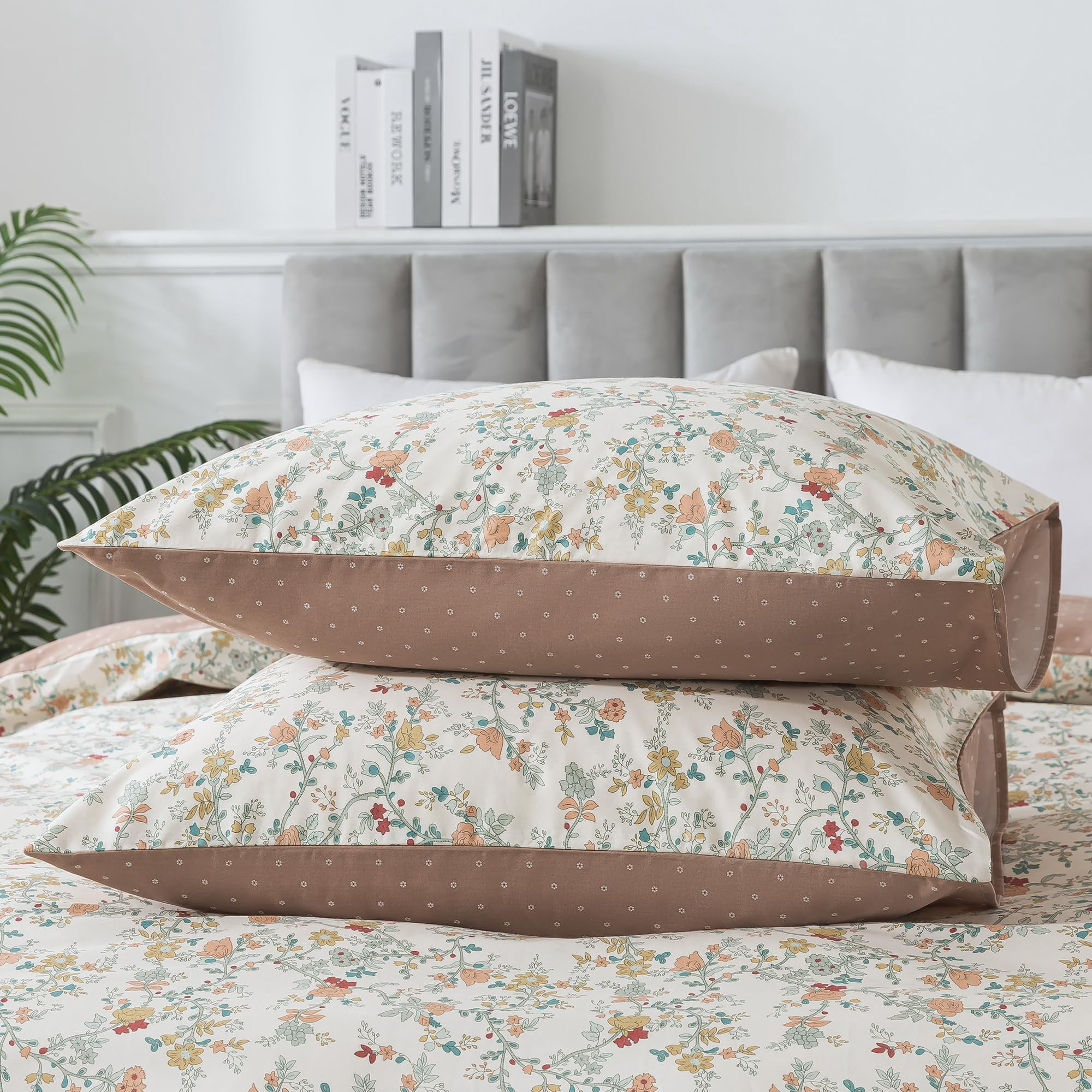 HoneiLife 3pc Duvet Cover Queen Size - 100% Cotton Comforter Floral Breathable Duvet Cover with Zipper Closure & Corner Ties, Brown Branches