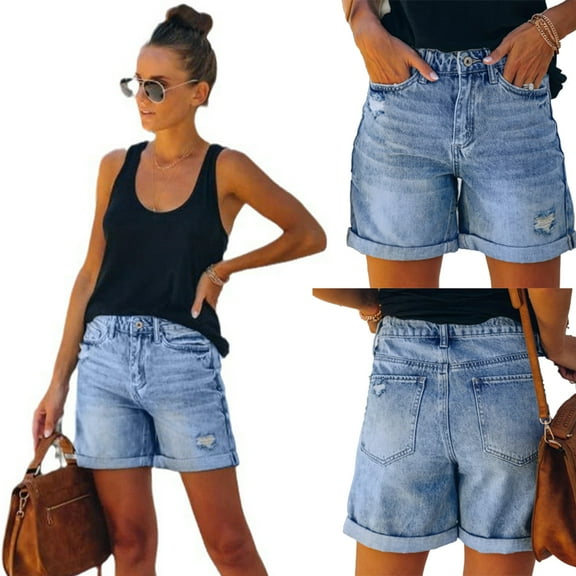 LYMAYTER High Waisted Jean Shorts for Women Stretchy Denim Shorts Ripped Cowboy Shorts S-2XL