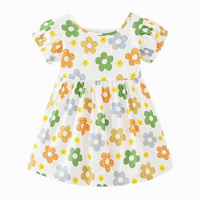 Gubotare Robe Fillette Tout-Petit Robe Smockée Froncée Ligne A Robe Évasée à Étages à Bretelles à Nouer Robe Courte Fluide 5T 6T (Beige,5-6 Ans)
