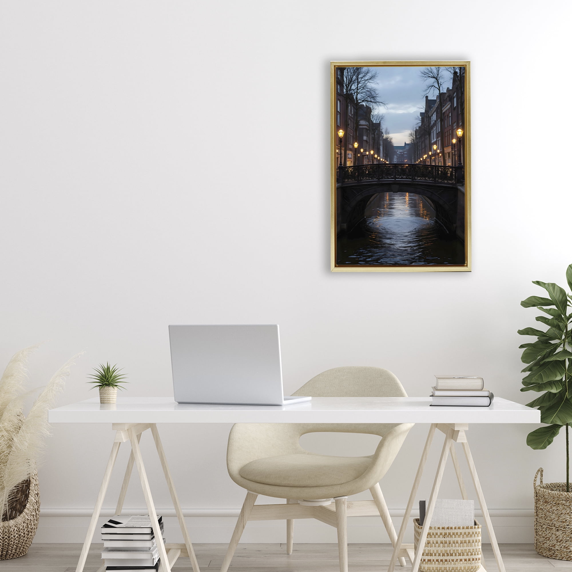 Stupell Industries Lantern Light over Quiet Canal Gold Framed Floater Canvas Wall Art, design by Creative Studio