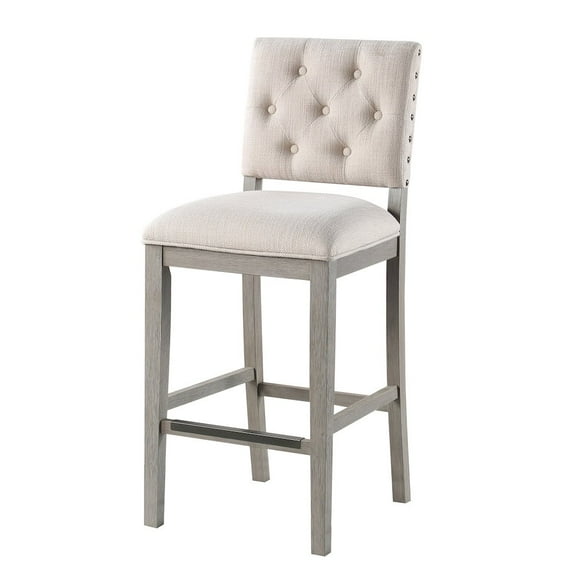 Ellesse Driftwood Gray Wood Frame Button Tufted Fabric Upholstered Bar Stool