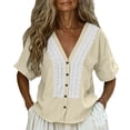 thumbnail image 2 of Uootdi Ladies Casual Shirts Plain Hollow Out Placket V Neck Short Sleeve Linen Shirt Soft Breathable Daily Wear Blouses Gift, 2 of 9