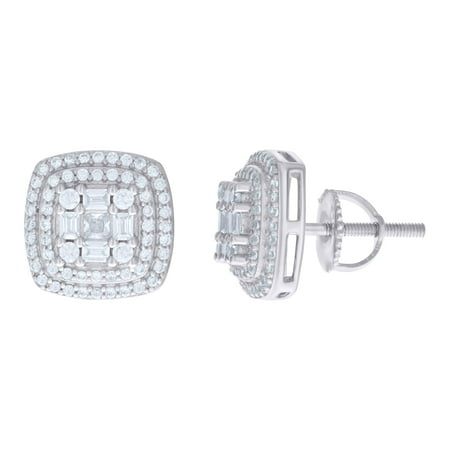 925 Sterling Silver Womens Baguette Round Cubic-Zirconia Square Stud Earrings