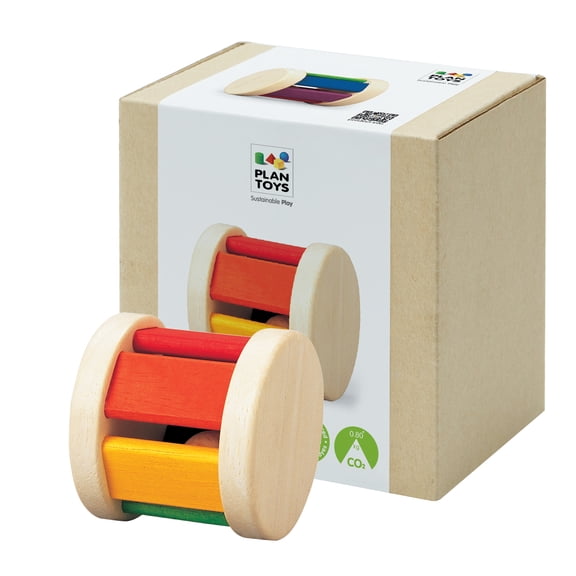 PlanToys® Wooden Roller Rattle Toy for Babies | Montessori Baby Sensory Toy with Gentle Sound | Eco-Friendly Crawling & Motor Skill Toys for Infants