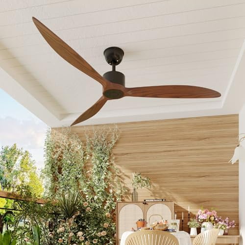 65" Farmhouse Ceiling Fan with 3 Solid Wood Blades, Indoor/Outdoor Bedroom Ceiling Fans with Remote for Patio, 6-Speed Modern Exterior Fans Noiseless DC Motor, Timer, No Light, Black Walnut