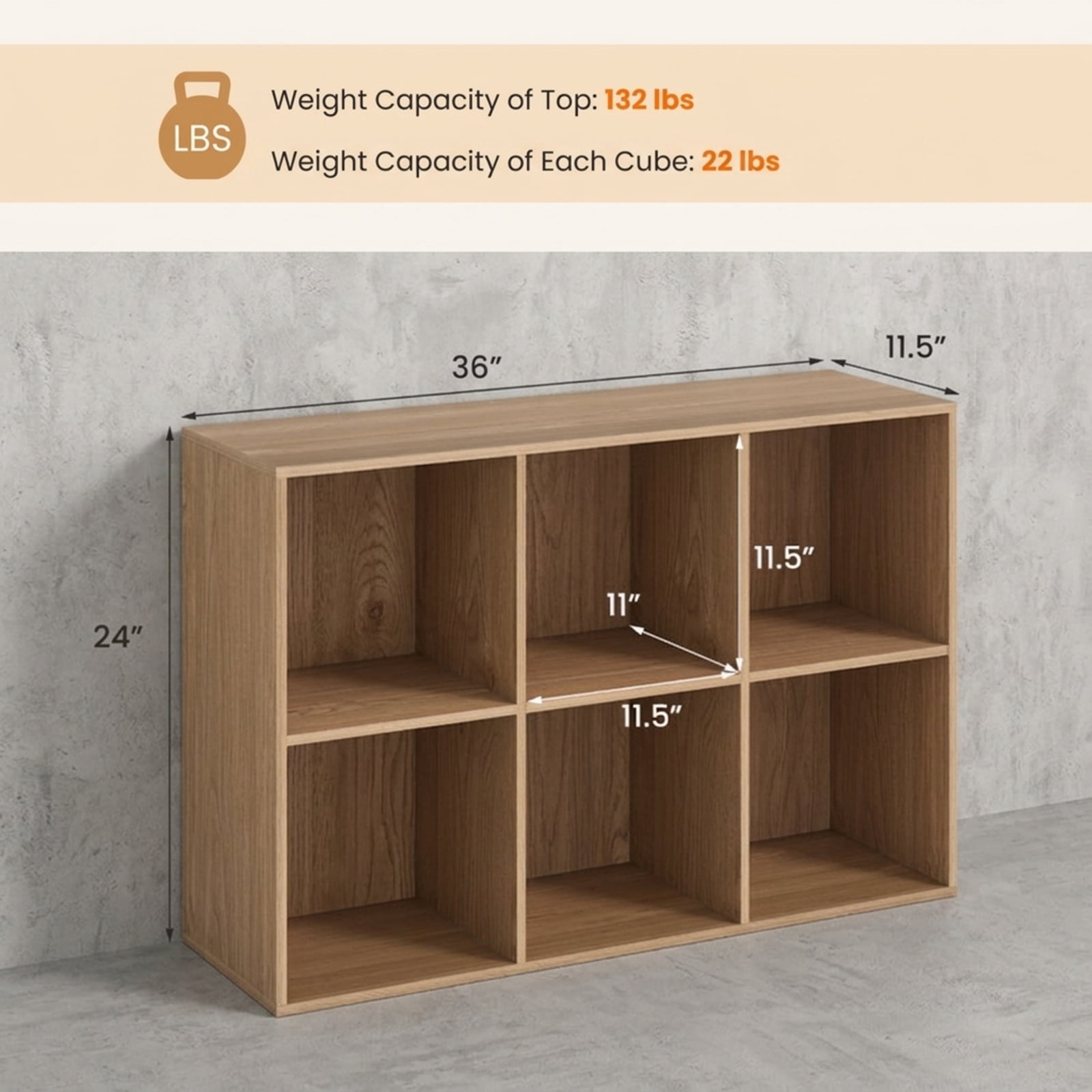 Furnibear Modern 6-Cube Bookcase Freestanding Wood Storage Bookshelf with Anti-Tipping Kits for Bedroom Living Room and Study, Natural