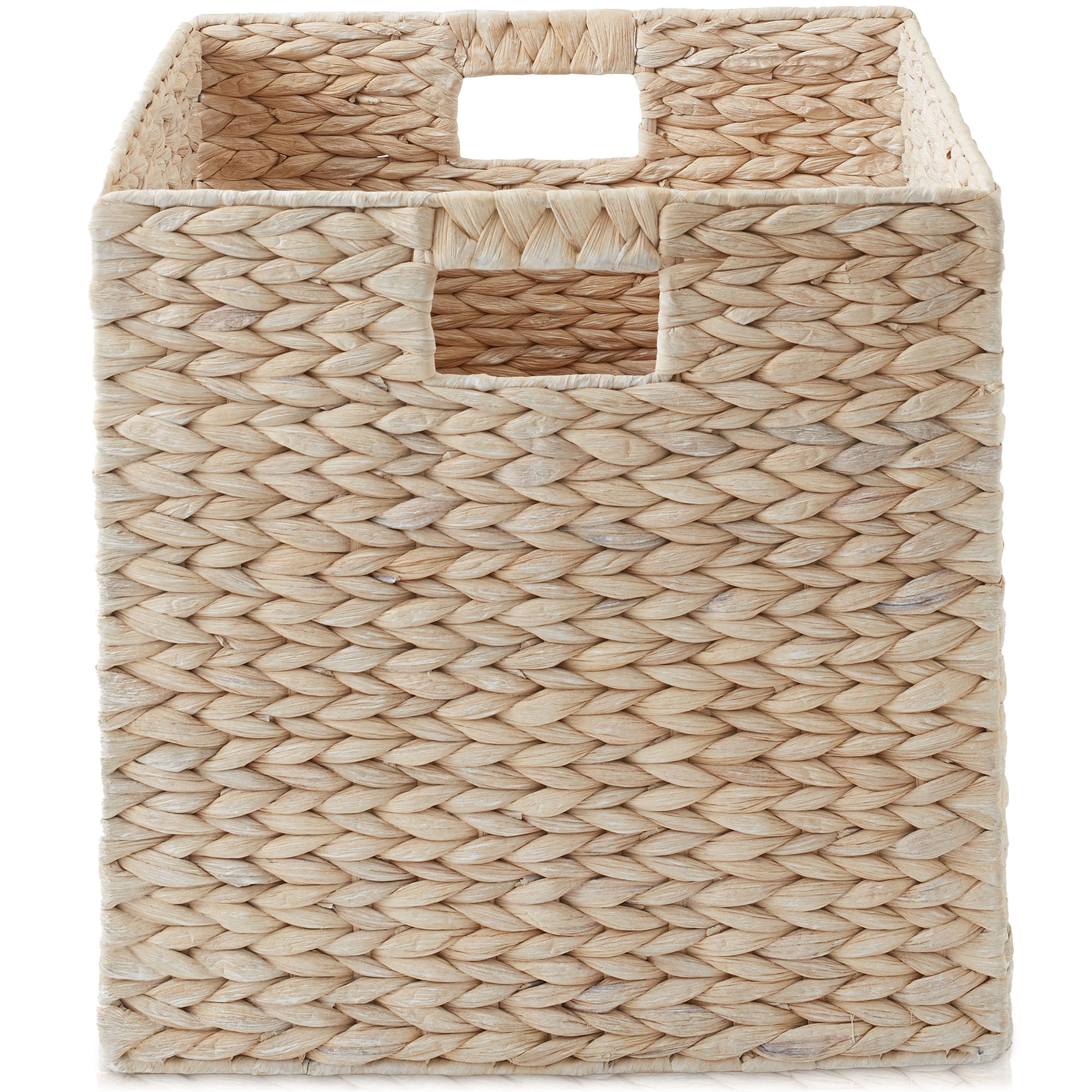 Casafield 13" x 13" Water Hyacinth Storage Baskets, Whitewash - Set of 2 Collapsible Cubes, Handwoven Organizer BIns for Bathroom, Bedroom, Laundry