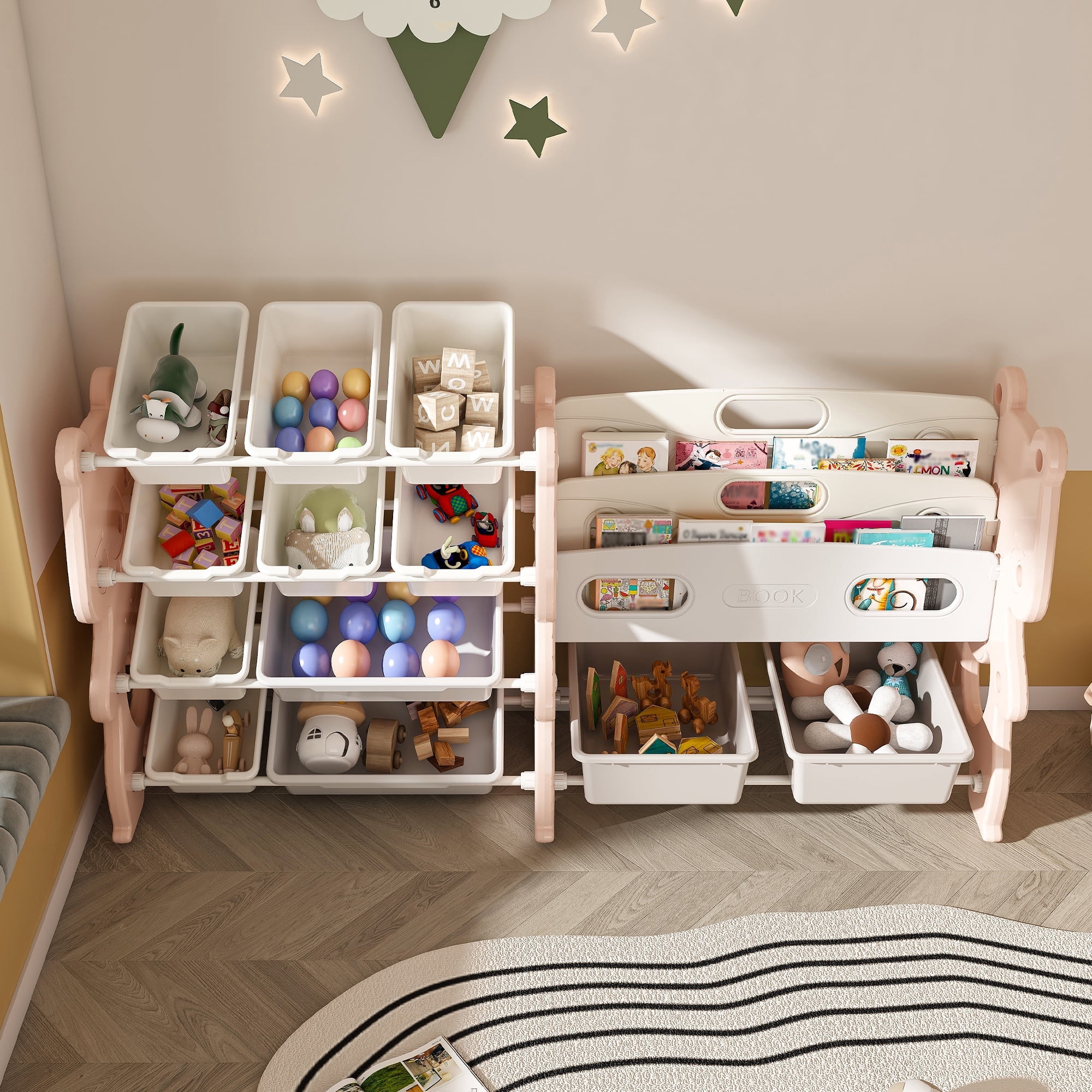 Montary 2-in-1 Kids Storage Rack w/ 12 Bins & 2-Tier Shelf - Playroom/Bedroom Organizer (Pink)