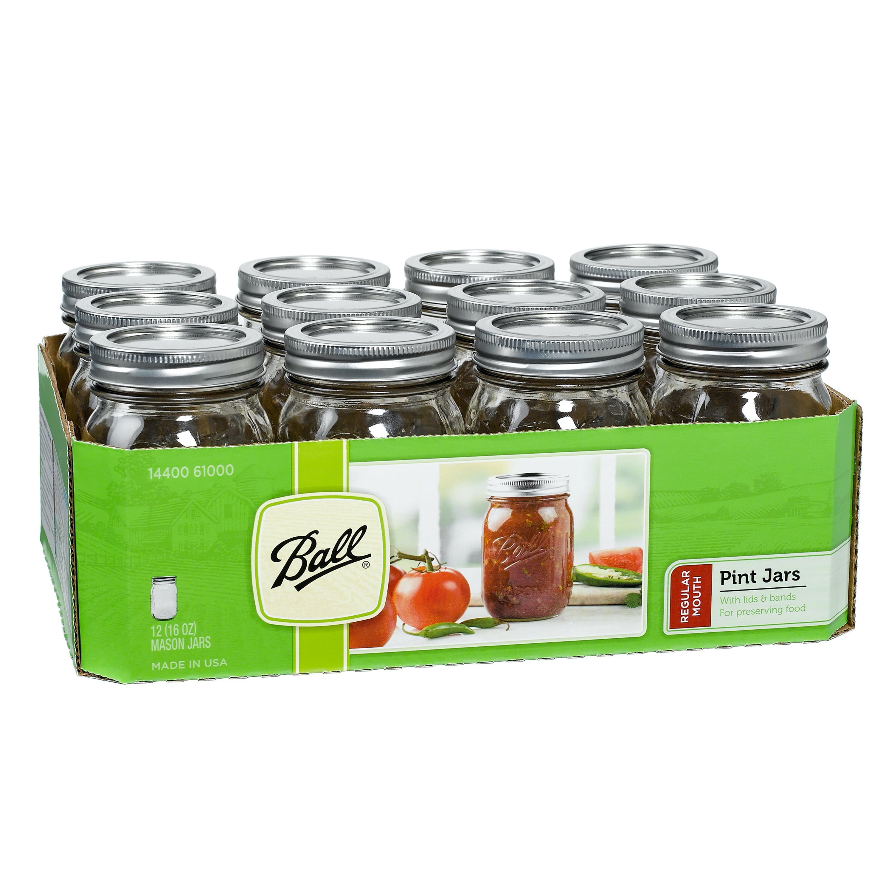 Ball Regular Mouth 16oz Pint Mason Jars with Lids & Bands, 12 Count