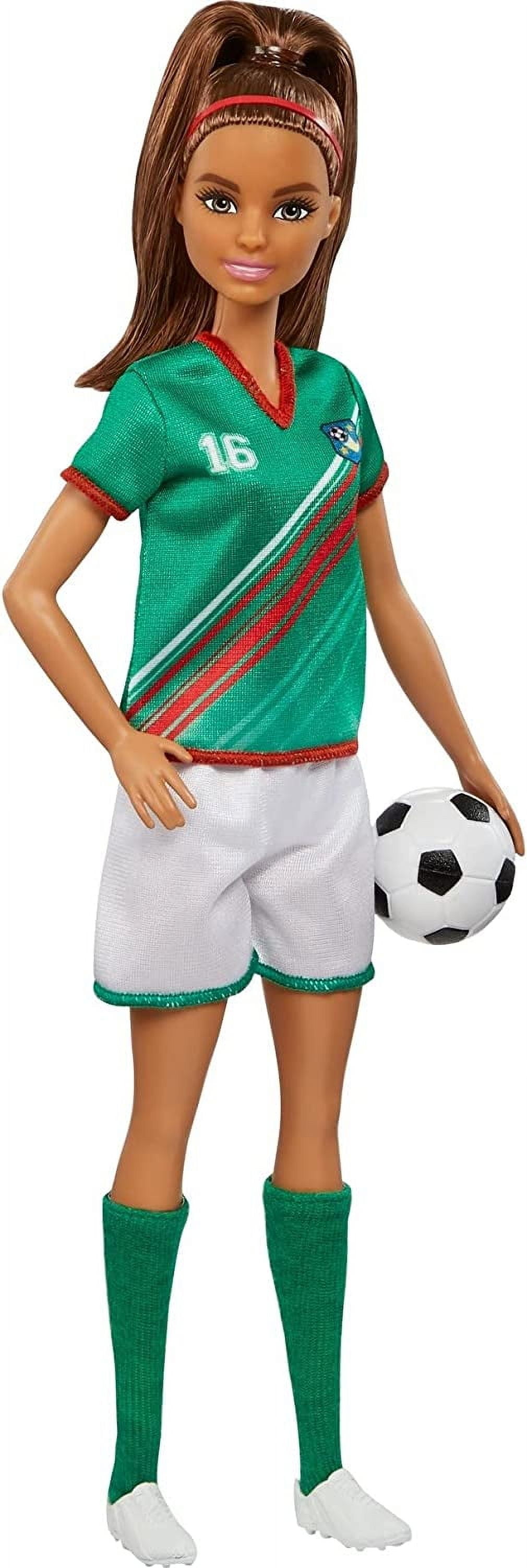 Barbie Careers Fashion Doll & Accessory, Soccer Player with Brunette Ponytail, #16 Uniform, Tall Socks, Cleats & Soccer Ball
