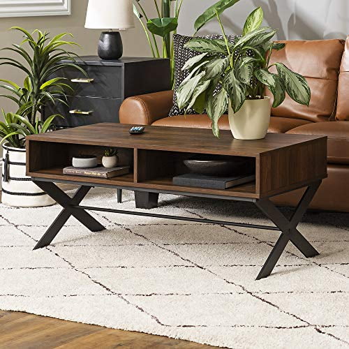 Walker Edison Table Basse Moderne X Jambe avec Rangement Ouvert, Noyer Foncé