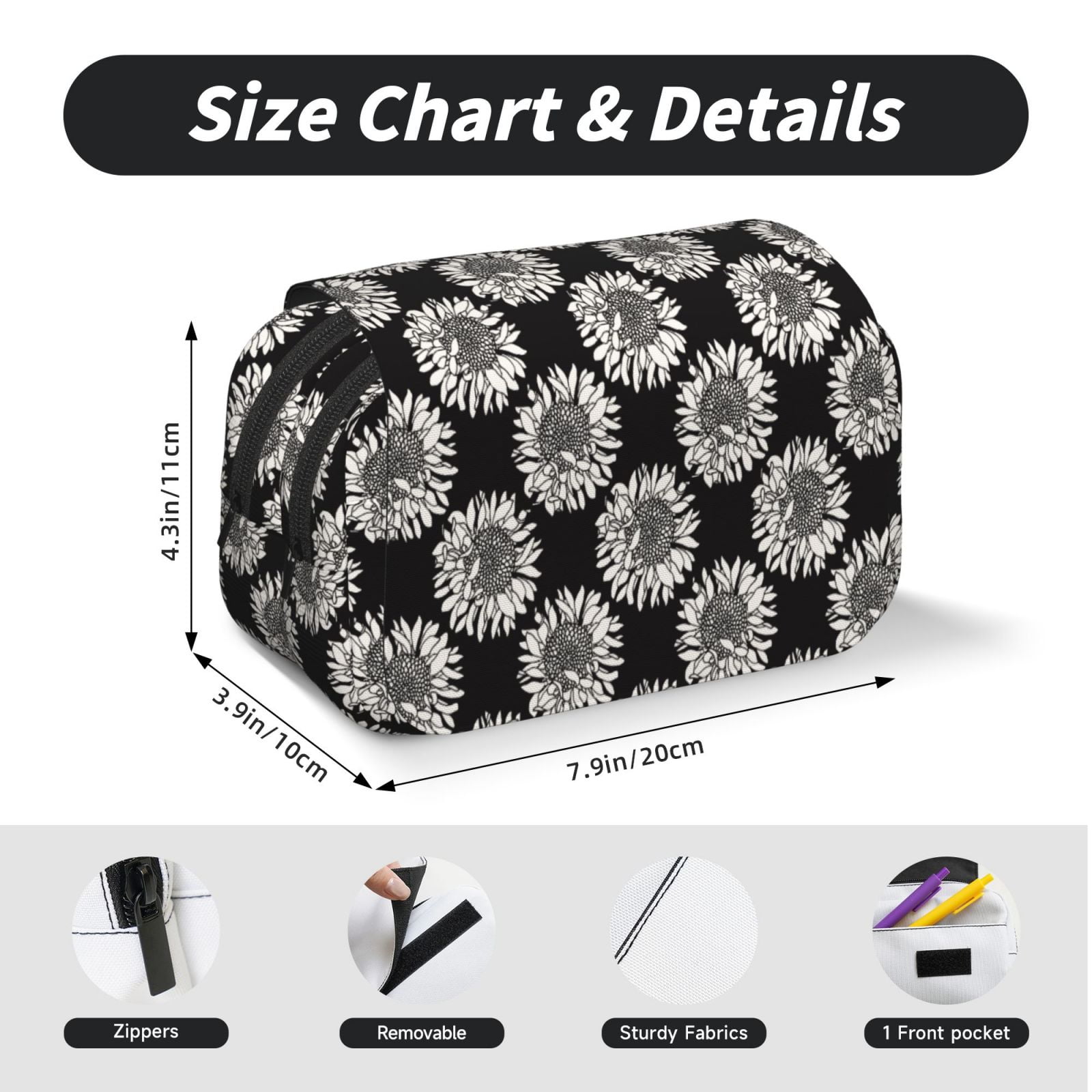 Rateoe White Sunflowers Pattern Double Clamshell Pen Case, Storage Organizer with Two Zipper Compartments– Holds Up to 50 Pencils & Pens