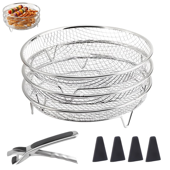 Multi-Layer Air Fryer Rack Set, 3-layer 304 Stainless Steel Air Fryer Accessories, Dehydrator Rack with Anti-skid Feet and Food Clip, Dishwasher Safe