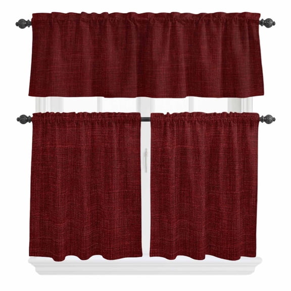 3 Pieces Kitchen Curtains and Valances Set Tier Curtains Wine Red Linen Short Curtain Rod Pocket Window Curtain Panels Farmhouse Pure Color (Single Panel 54"x18",2 Tiers 24"x36")