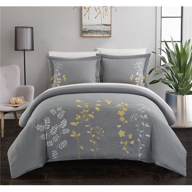Chic Home BDS00668-US Queen Size Kylie Duvet Embroidered Floral Design Backing Zipper Closure Bedding - Decorative Pillow Shams Included, Yellow - 3 Piece