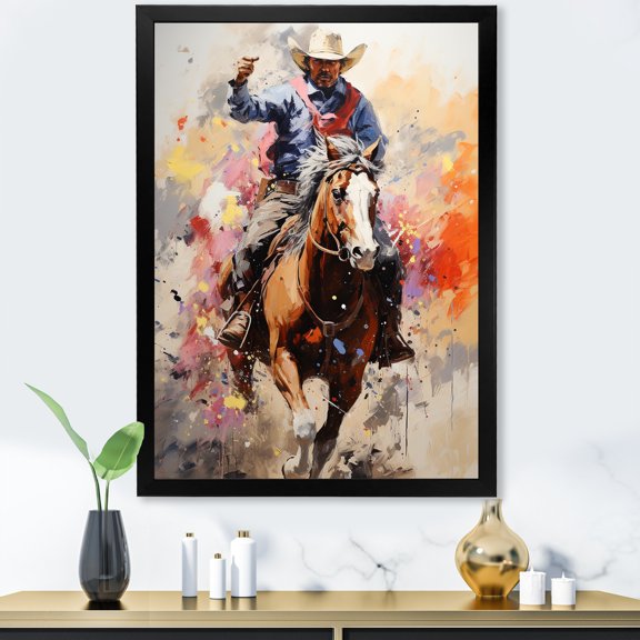 Designart "Pop Art Cowboy Journey IV" People Framed Wall Art - Southwestern Brown Cowboys Living Room Framed Canvas Art