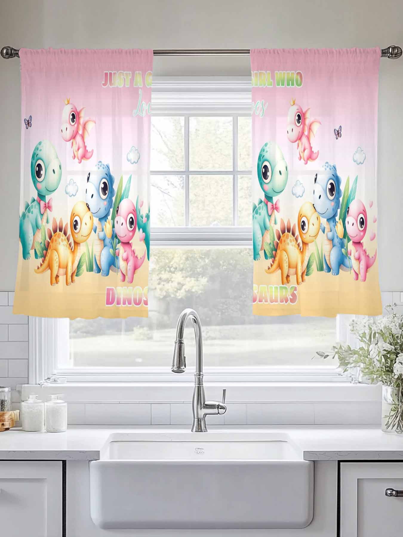 Cartoon Dinosaurs Sheer Curtains 2 Panels Set Just A Boy Who Loves Dinosaurs Gradient Pink Yellow Sheer Window Curtains Light Filtering Rod Pocket Voile Drapes for Bedroom Living Room 52"x54"