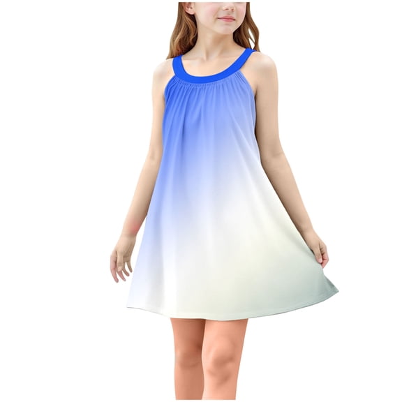 TGSLY Girls Tank Dresses Fashion Tie Dye Gradient Color Printed Dress Sleeveless Crewneck Loose Comfy Pleated Beach Sundress C-Blue 13-14 Years