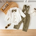 thumbnail image 2 of AINIYS 2Pcs Newborn Boy Fall Outfit Romper Dress Shirt with Bowtie + Suspender Pants Formal Suit Clothes Set White 6Months, 2 of 9