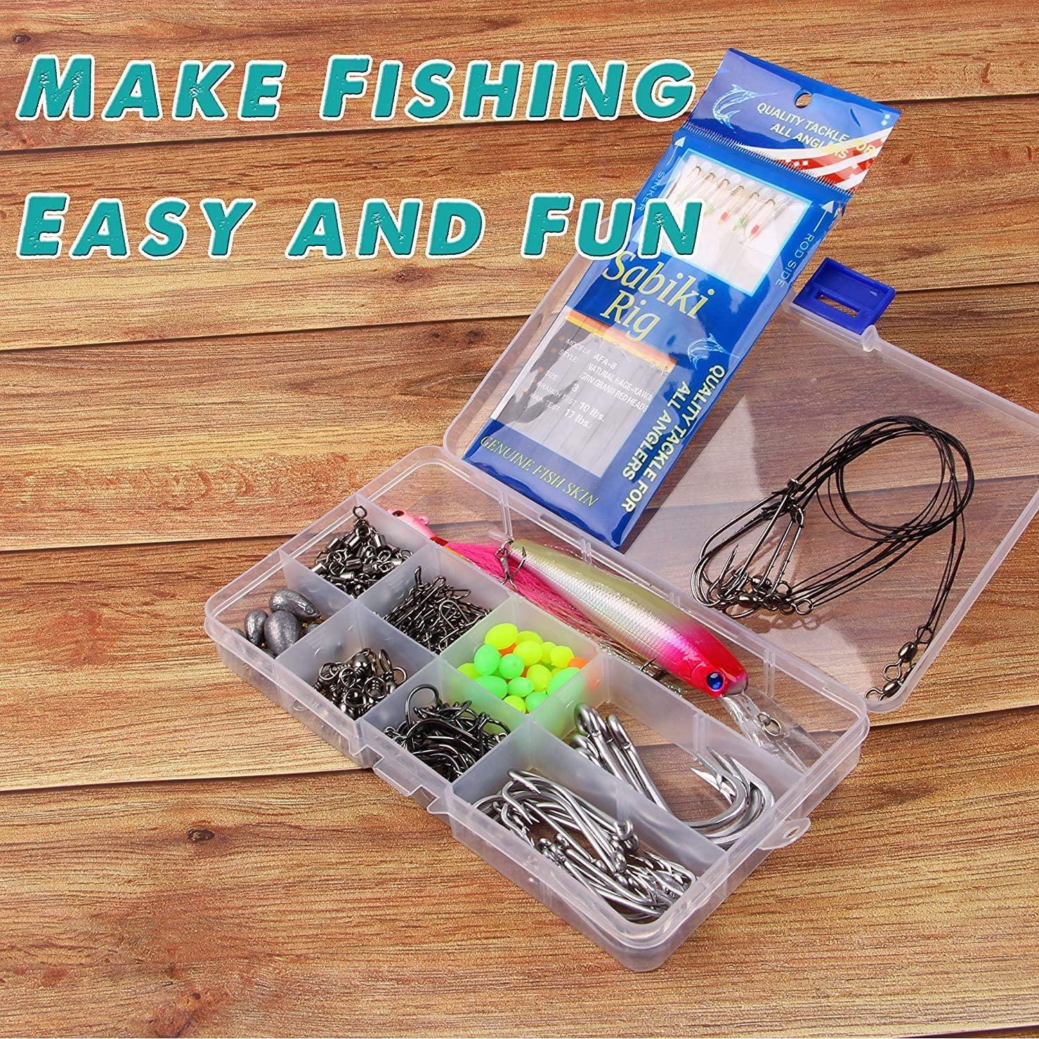 Saltwater Fishing Tackle Kit with Box, 226pcs Surf Fishing Bait Rigs Fishing Hooks Hard Bait Minnow Bucktail Jig Weights Fishing Swivel Snaps