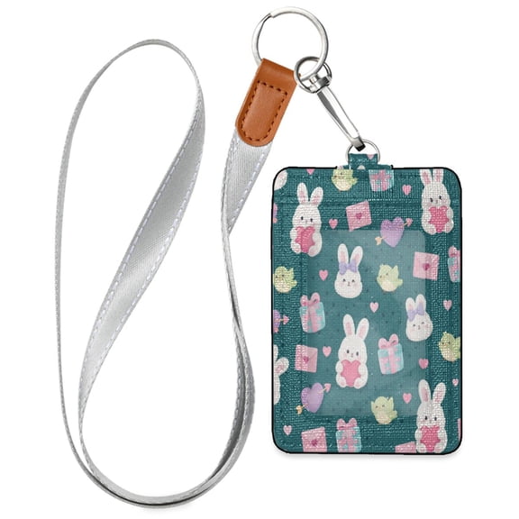 PU Leather Badge Holder Lightweight ID Card Holder with Window Pocket Cute Envelope and Rabbit Pattern