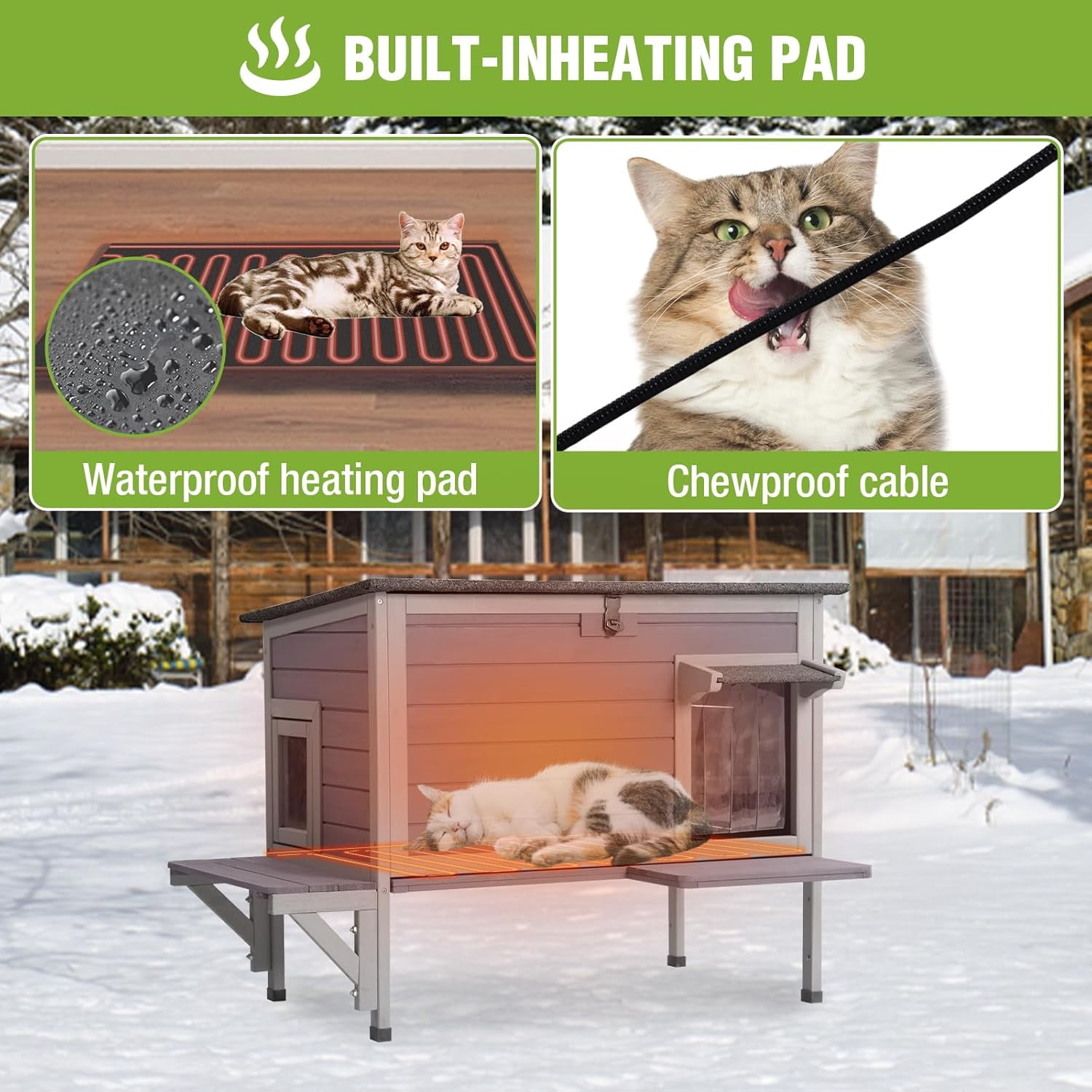 MEDEHOO Heated Cat House for Outside Insulated Outdoor Cat House Weatherproof Feral Cat Shelter with Cat Heated Pad, All-Round Thermal Liner, Secure Escape Doors for 1-3 Cats