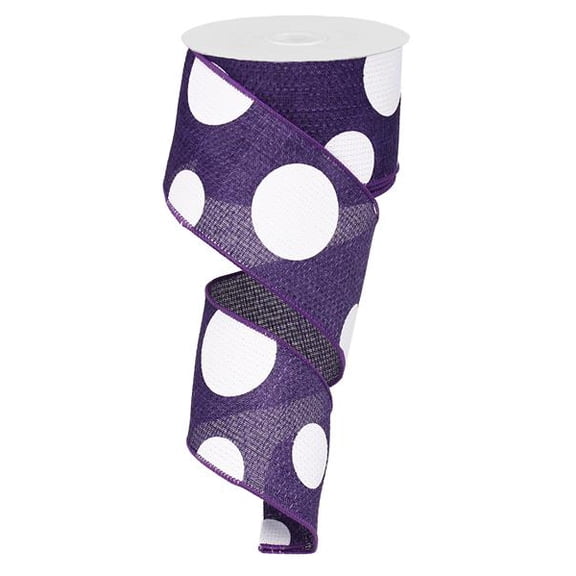 2.5" Wide Expressions Faux Burlap Giant Polka Dot Wired Ribbon Purple & White (10 Yards)
