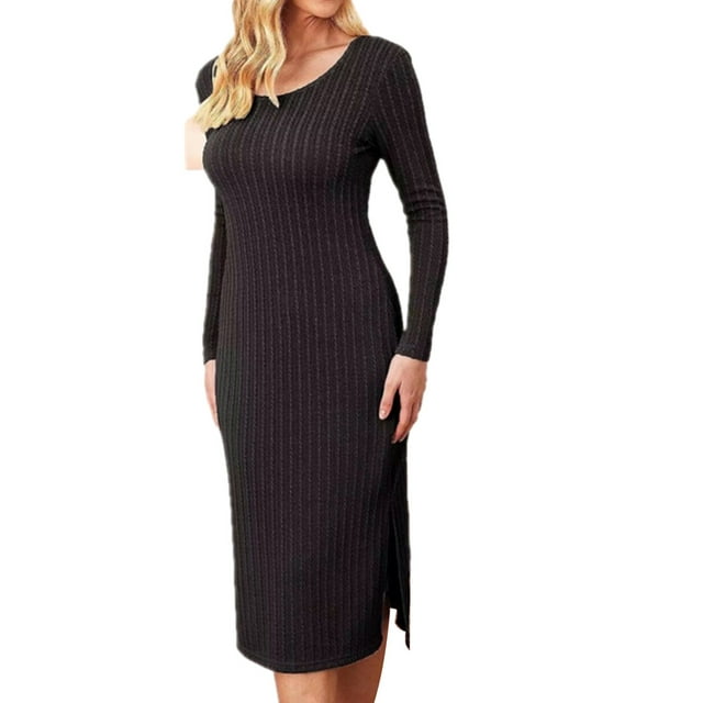 FAIWAD Maternity Daily Wear Dress Rib Knit Long Sleeve Side Slit Bodycon Dresses Womens Solid Color Pregnancy Clothes