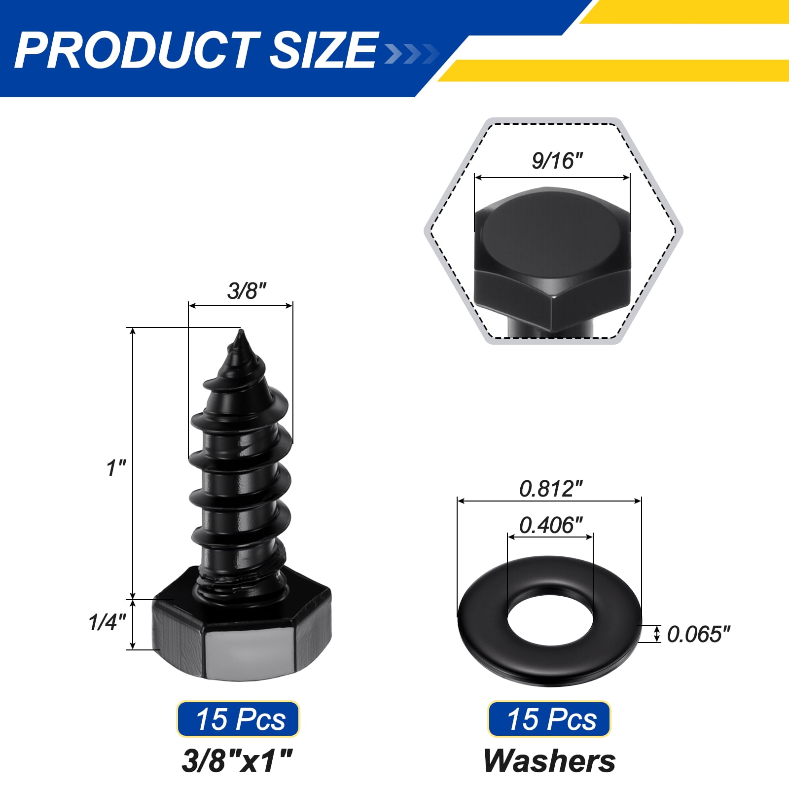 Uxcell 15 Pcs Hex Head Lag Screws - 3/8"x1" Stainless Steel 18-8 (304) Lag Bolts Hexagon Head Heavy Duty Wood Screws with Flat Washers for Wood, Decks, Fences, Furniture, Black
