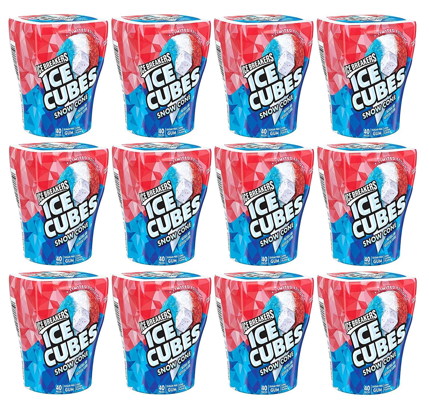 Ice Breakers Ice Cubes, Snow Cone Sugar Free Gum, 40 Pieces Bottles (Pack of 12)