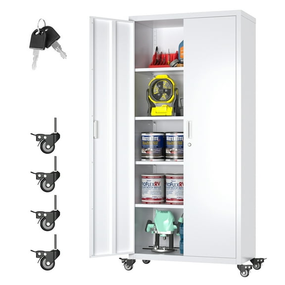 GangMei 72" Metal Storage Cabinet with Wheels for Garage and Warehouse White