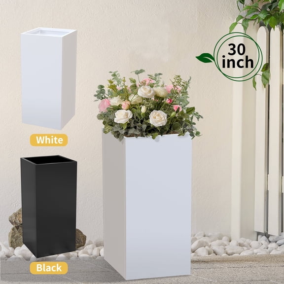 14"x14"x30" Rectangular Planter Box Metal Steel Planters with Drainage Hole Removable Shelf Tall Container for Garden Outdoor Front Porch Patio Yard, White