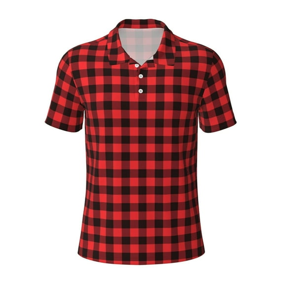 Kuqiui Mens Golf Polo Shirt Dry Fit Performance Sport Short Sleeve Golf Polo Shirts for Men-Buffalo Plaid Red Black