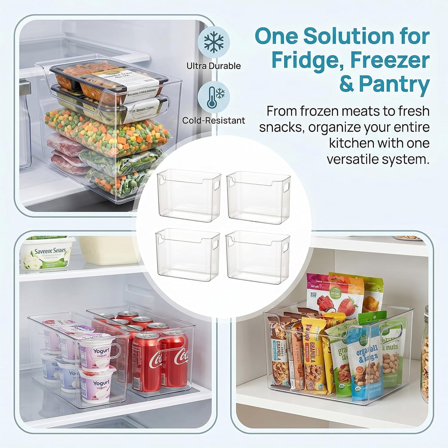 Crystal Clear Freezer Storage Bins - 4 Pack Pantry Storage Bins and Organizers, Plastic Bins for Shelves, Kitchen, Freezer, Cabinet, Closet, Bathroom Under Sink Storage (L*4)