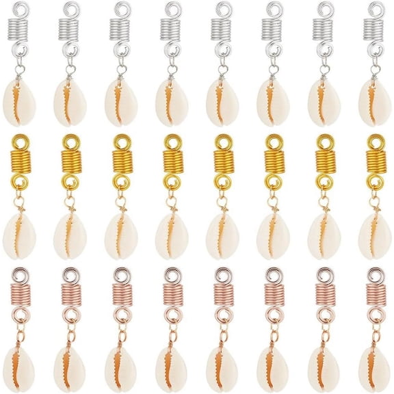 24Pcs 3 Colors Cowrie Shell Braiding Hair Pendants 50mm Shells Pendants Clips Shell Headpiece Hair Clips Pendants DIY Hair Braid Dreadlocks Ring for DIY