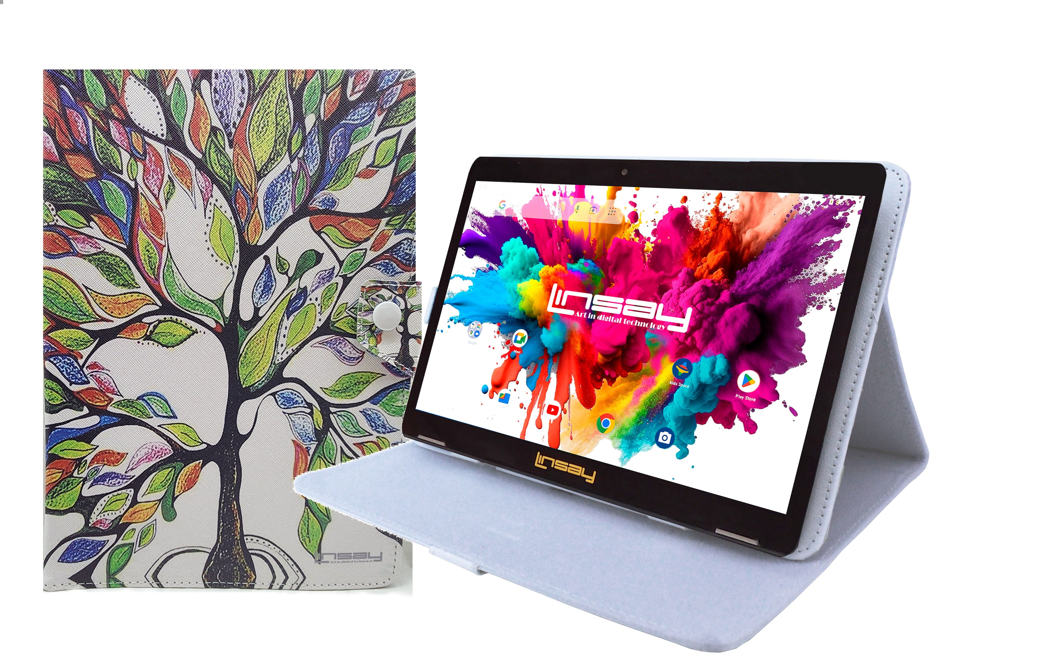 LINSAY 10.1" Octa Core 4GB RAM 128GB Storage Android 13 Tablet with Trees Marble Leather Case, Pop Holder and Pen Stylus