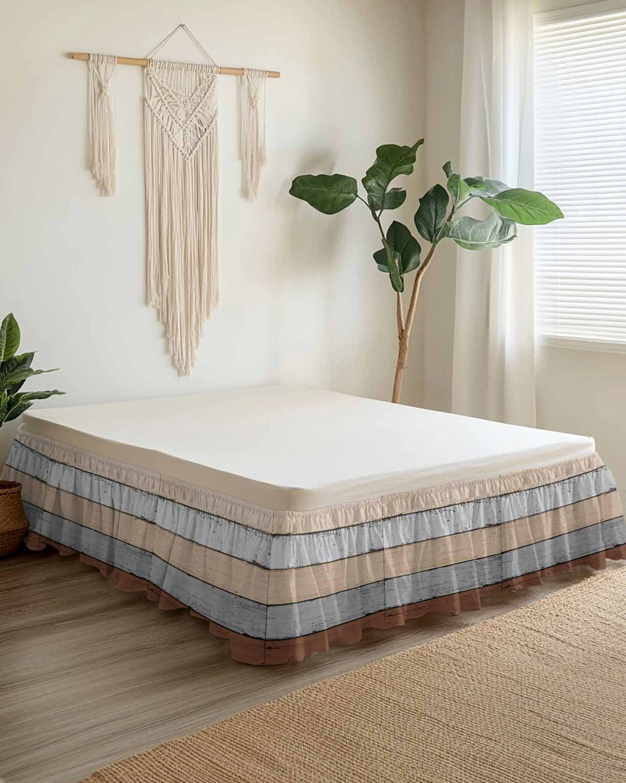 Brown Gray Wood Grain Ruffle Bed Skirt California King Size Countryside Stripe Adjustable Elastic Dust Bed Skirts Wrap Around Bedskirt Wrinkle Free Easy Fit with 18 Inch Drop