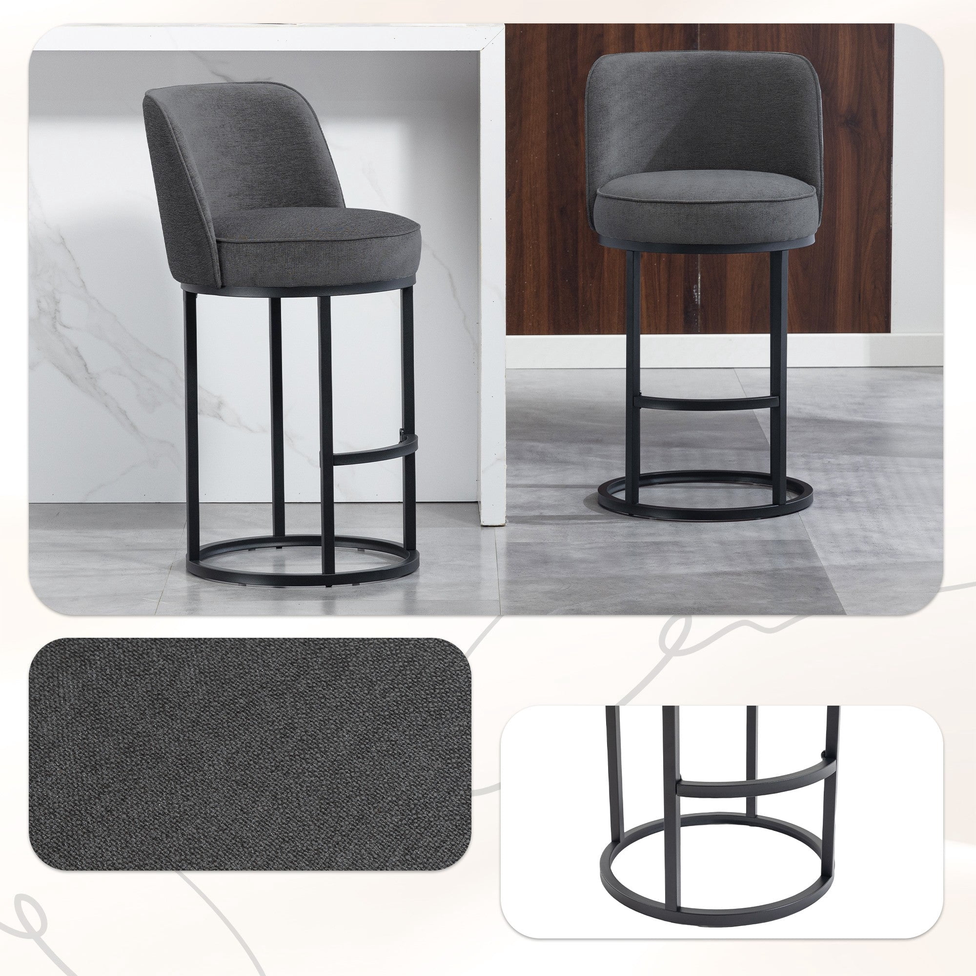 Sailvan Counter Height Bar Stools Set of 2,Modern Upholstered Linen Fabric Kitchen Island Stools with Barrel Backrest & Sturdy Metal Frame Gray