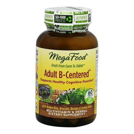 MegaFood - Adult B-Centered, Support for Energy, Memory, Focus, Alertness, Relaxation, Cognition, and Relief from Fatigue and Stress, Methylated, Vegan, Gluten-Free, Non-GMO, 60
