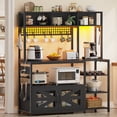 thumbnail image 7 of Baker Rack with Charging Station and LED Lights, Multifunctional Microwave Stand with 8 Open Shelves and Hutch, Coffee Bar with Spacious Desktop and 8-S Hooks for Kitchen, Black, 7 of 7