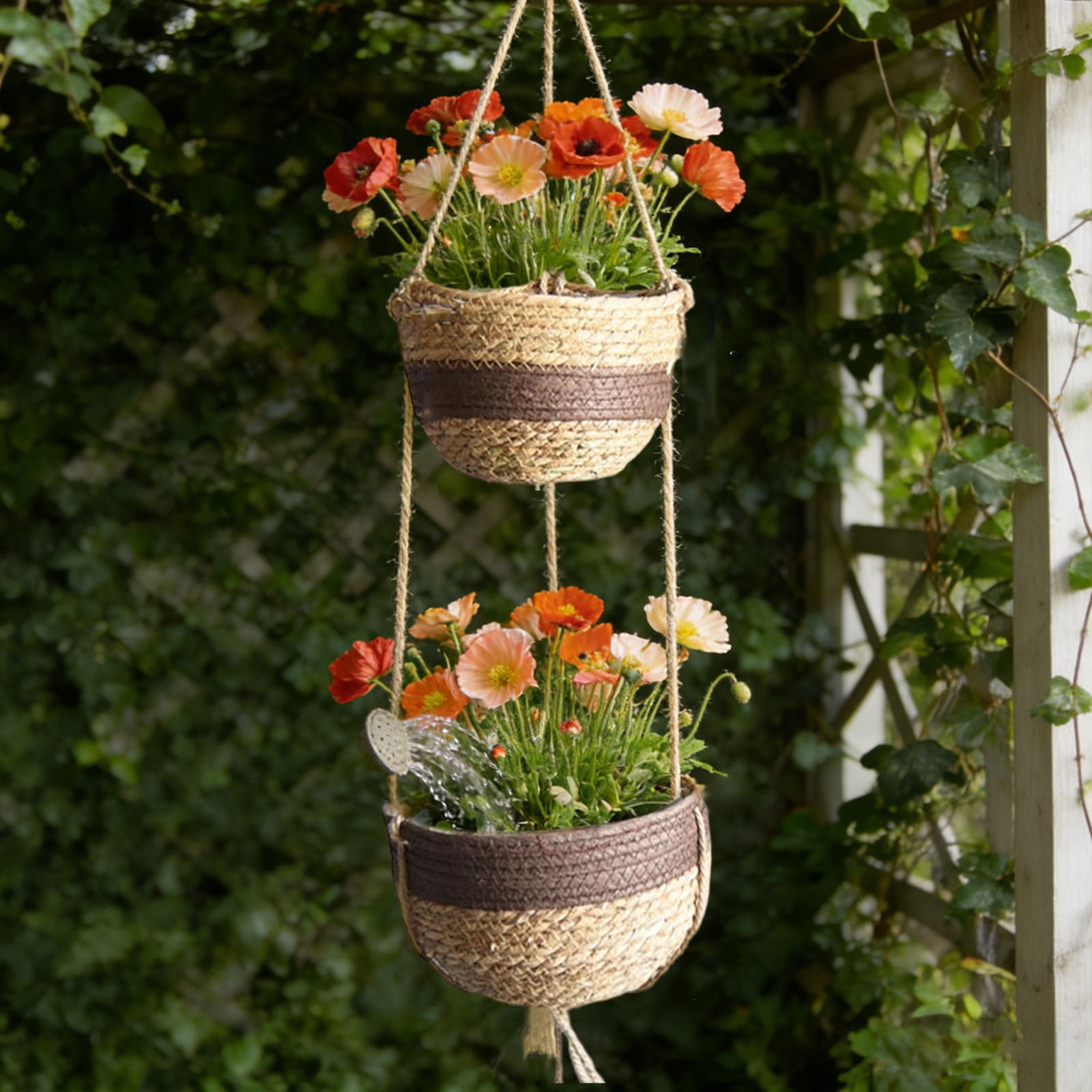 2-Tier Woven Hanging Planter - Double Layer Macrame Hanger with Natural Fiber Baskets, Boho Decor for Indoor/Outdoor Garden, Patio & Balcony (3 Styles)