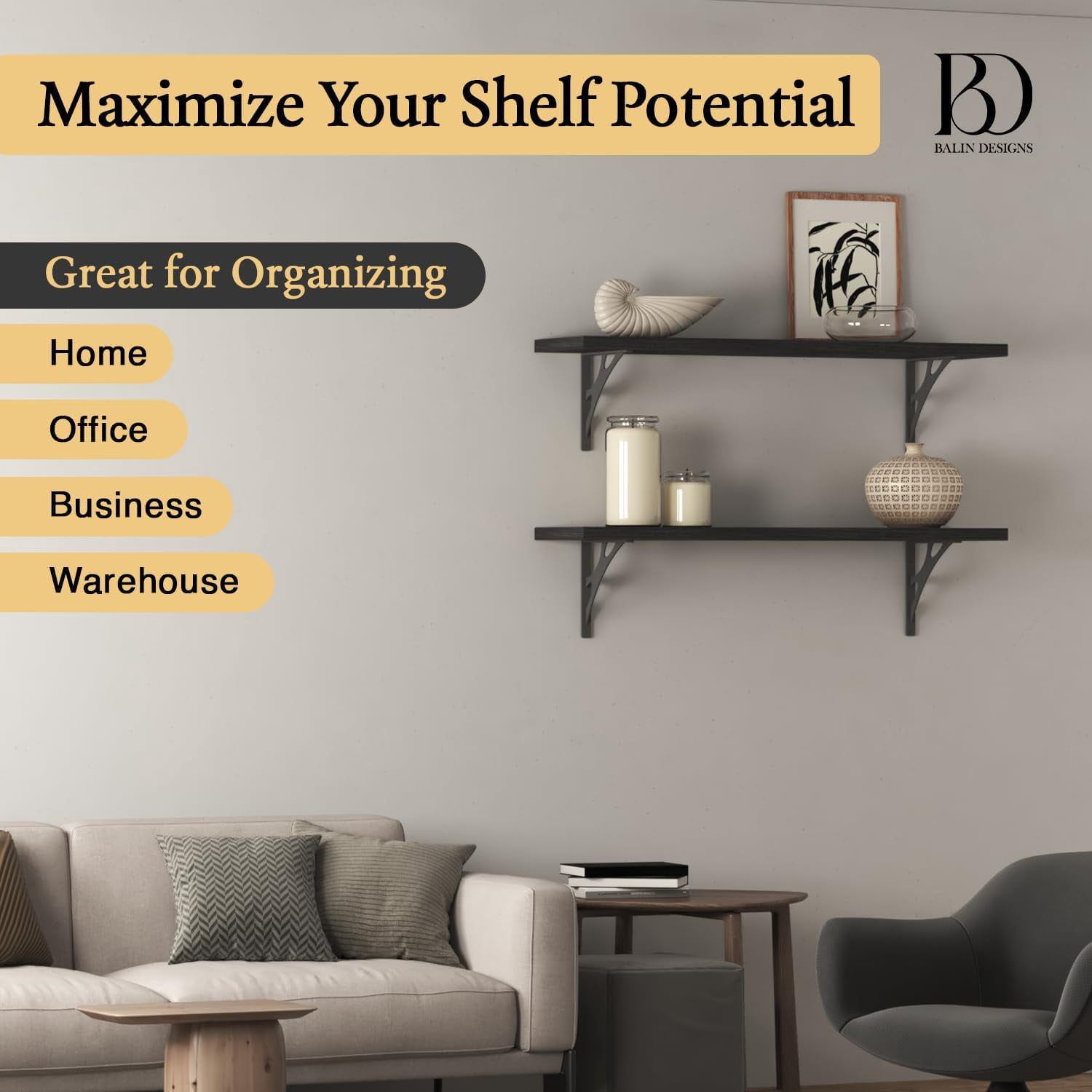 L Brackets by Balin Designs (Black) for 10"-12” Echo Style Shelves – Heavy Duty Decorative Metal Supports - Mantel Shelf - Easy Installation with Included Hardware - Set of 4
