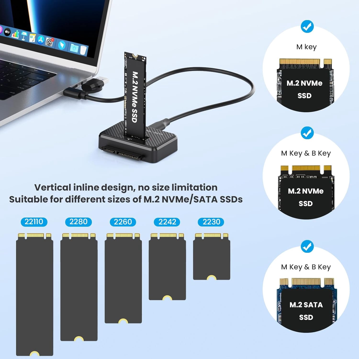 KSRplayer Dual-Bay M.2 NVMe/SATA & 2.5" SATA Enclosure Adapter,2-in-1 External Hard Drive Reader, USB 3.2 Gen 2 (10Gbps), Portable M.2 SSD to USB, Supports M Key & M+B Key