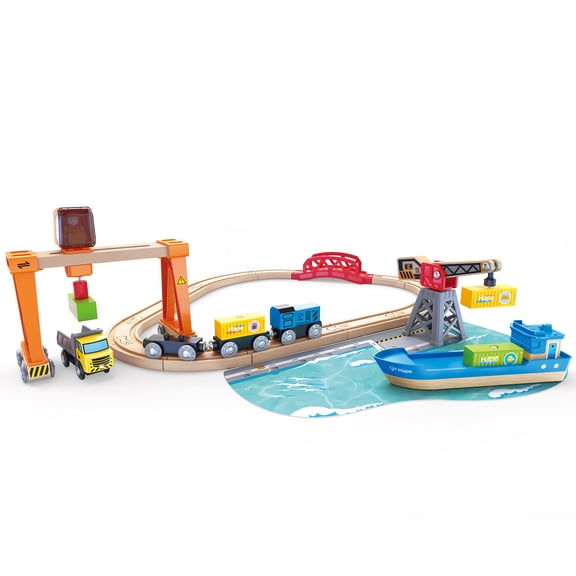 Hape: Lift & Load Harbor Set - 25 pc Land & Water Wooden Train Toy Playset, Functional Crane, Railroad Track, Cargo Ship, Magnetic Linking, Kids 3