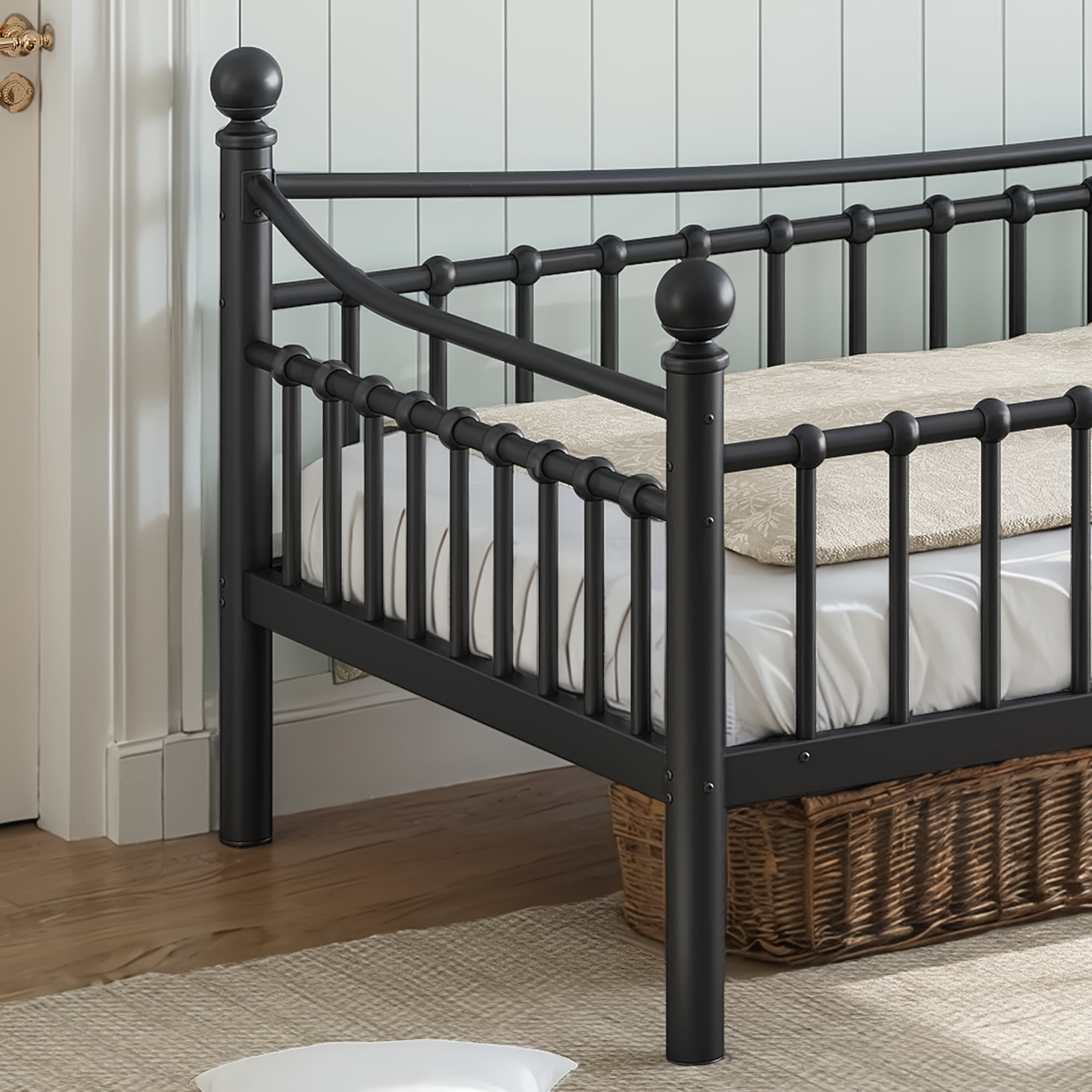 Leumius Twin XL over Twin XL Metal Bunk Bed with Unique Curved Guardrail Design, Round Tube Bunk Bed Frame, Metal Bunk Bed Frame for Kids Teens Adults Black