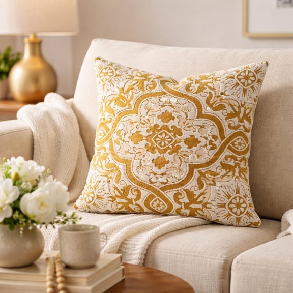Fennco Styles Ornate Medallion Jacquard Throw Pillow - Poly Filled, 18" x 18" Mustard Yellow Decorative Accent Pillow for Sofa, Couch & Bed for Home Décor